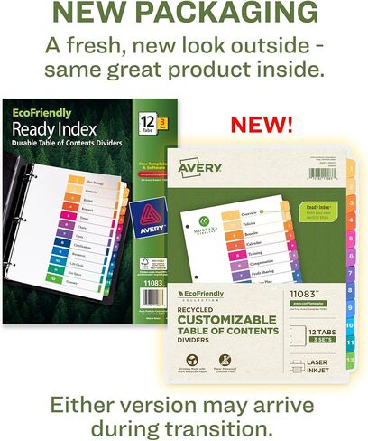 Avery Eco-Friendly 12 Tab Dividers for 3 Ring Binders, Customizable Table of Contents, 3 Sets (11083) in Kuwait