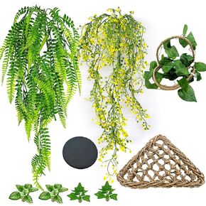 Bearded Dragon Hammock Reptile Jungle Vines Flexible Reptile Leaves with Suction Cups for Climbing Branches Habitat Terrariums Decoration Accessories Chameleon Lizards Gecko Frogs Snakes(7PCS)