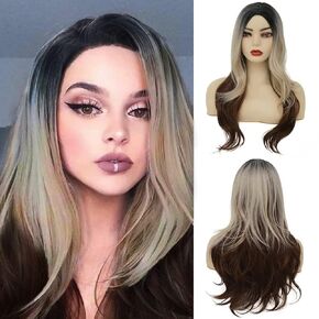 Amnenl Women Red Long Curly Wave Wig with Bangs Natural Synthetic Wigs for Halloween Cosplay Wig