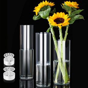 3 Pcs Acrylic Clear Cylinder Flower Vase for Plants Bouquet, Unbreakable Hurricane Tall Large Plastic Vases for Wedding Centerpieces, Hydroponic Decor Base Set of 3 (H 8" + H 10" + H 12" No Flowers)