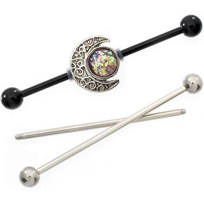 3PCS 14G Stainless Steel Opal Moon Industrial Barbell Earring Cartilage Ear Piercing Jewelry 32mm-38mm Black IP Coated Industrial Piercing Bar with Removable Moon Charm