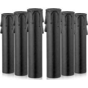 Drip Candle Socket Covers - Set of 6, Chandelier Candelabra Base, 4 inch Tall Black Plastic Candle Slip Over Sleeves