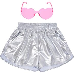Bskifnn Metallic Shorts with Heart Shape Sunglasses 80s Outfit for Girls Glitter Shorts for Party,Yoga,Hallowen,Cosplay (as1, age, 10_years, 11_years, Blue)