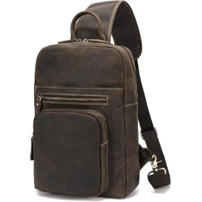 Nomeity Full Grain Leather Vintage Crossbody Sling Bag For Men Casual Travel Hiking Shoulder Chest Daypack Fits 12.9 iPad Pro