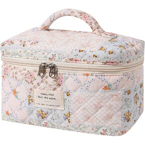 uekeboag 2 Pcs Large Quilted Makeup Bag, Cotton Quilted Toiletry Bag for Women,Floral Coquette Makeup Bag,Cute Kawaii Travel Cosmetic Bags(03Lightblue Flower)