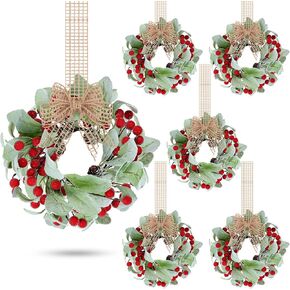 Zeyune 6 Set Christmas Wreaths Norfolk Pine Garland 9 Inch Mini Faux Kitchen Cabinet Wreath with Burlap Ribbon Artificial Green Farmhouse Wreath for Front Door Porch Wall Window Decor(Eucalyptus)