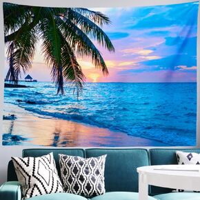 IcosaMro Ocean Tapestry for Bedroom Beach Palm Tree Wall Hanging Sunrise Decor, 51x60 Inches, Blue