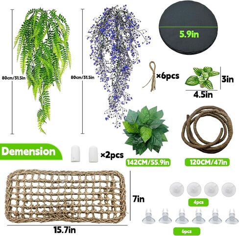 Bearded Dragon Hammock Reptile Jungle Vines Flexible Reptile Leaves with Suction Cups for Climbing Branches Habitat Terrariums Decoration Accessories Chameleon Lizards Gecko Frogs Snakes(7PCS) in Saudi Arabia