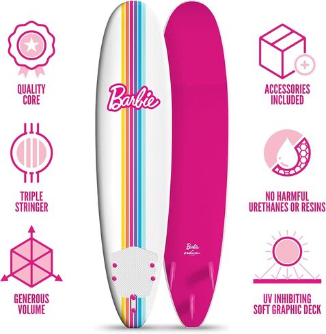 لوح التزلج Barbie™ Signature بطول 8 أقدام من Wavestorm | سطح علوي جرافيكي مع جزء سفلي أملس عالي الكثافة | للأطفال والكبار | بناء الرغوة مع الملحقات | تتضمن مجموعة مقود الساق والزعنفة، باللون الأبيض in Kuwait