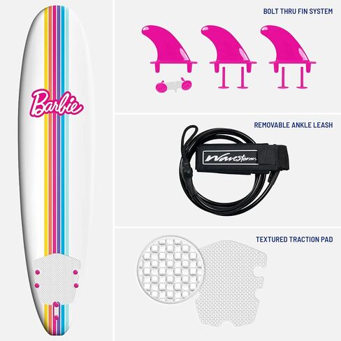 لوح التزلج Barbie™ Signature بطول 8 أقدام من Wavestorm | سطح علوي جرافيكي مع جزء سفلي أملس عالي الكثافة | للأطفال والكبار | بناء الرغوة مع الملحقات | تتضمن مجموعة مقود الساق والزعنفة، باللون الأبيض in Kuwait