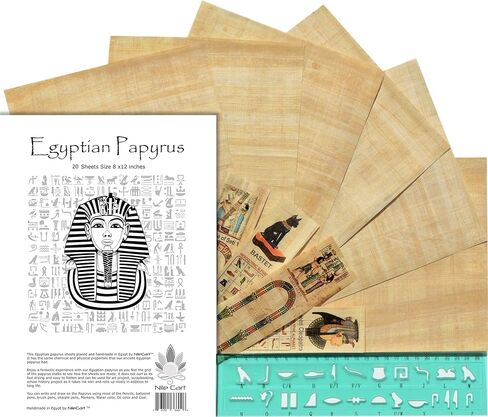 NileCart™ Egyptian Papyrus Blank Sheets 8 x12 in with Hieroglyphic Alphabet Stencil Ruler & Bookmarks (10 Sheets) in Saudi Arabia