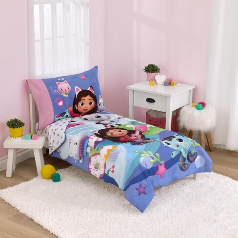 طقم سرير أطفال من 4 قطع من NoJo DreamWorks Trolls Glam Together باللون الأرجواني والوردي والأزرق والخشخاش وفيفا - لحاف، وملاءة سفلية ملائمة، وملاءة علوية مسطحة، وكيس وسادة ذو وجهين in Kuwait