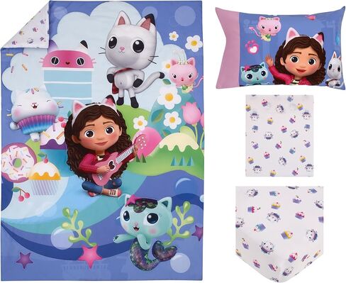 طقم سرير أطفال من 4 قطع من NoJo DreamWorks Trolls Glam Together باللون الأرجواني والوردي والأزرق والخشخاش وفيفا - لحاف، وملاءة سفلية ملائمة، وملاءة علوية مسطحة، وكيس وسادة ذو وجهين in Kuwait