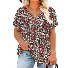 VISLILY Womens-Plus-Size-Summer-Tops 2024 Pleated V Neck T Shirts Short Sleeve Blouses Ruffle Flowy Tunics XL-5XL