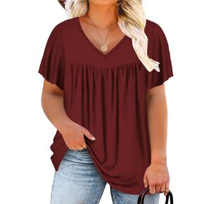 VISLILY Womens-Plus-Size-Summer-Tops 2024 Pleated V Neck T Shirts Short Sleeve Blouses Ruffle Flowy Tunics XL-5XL