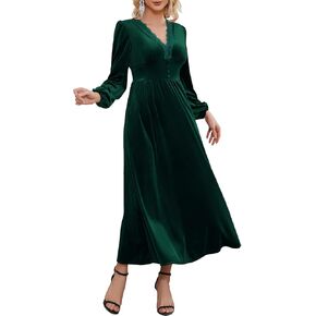 S. Adriana Women's Velvet Maxi Dress Elegant V Neck Lace Trim Smocked Waist Formal Wedding Guest Dresses with Pockets in Saudi Arabia