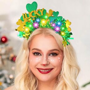 Light Up St Patrick’s Day Headband LED Shamrock Hair Band Irish Lucky Clover Hair Accessories for Women