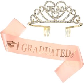PATIKIL Graduated Crown, Graduated Sash and Crown Graduated -Tiara Headband Happy Graduated Queen Sash Rhinestone for Women Adults Party, Light Rose Gold