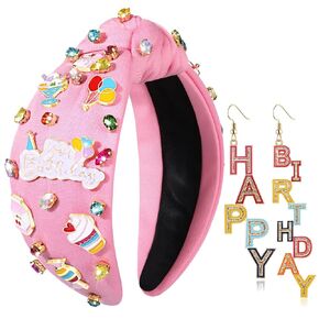 Birthday Headband for Women Beaded It’s My Birthday Headband Happy Birthday Crown Jeweled Rhinestone Crystal Pink Knotted Headband Birthday Hair Accessories Party Favors Gifts (It's My Birthday 1)
