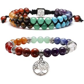 Jovivi Bundle - 2 Items 6mm Double Layer 7 Chakra Gemstones Reki Healing Crystal Stretch Beads Bracelet and 8mm 7 Chakras Gemstone Tree of Life Crystal Bracelet for Yoga Jewelry