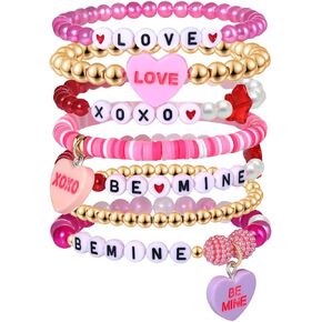 Beaded Heishi Hot Pink Bracelet Stackable Valentine's Day Beaded XOXO Love Heart Charm Stretch Bracelet Holiday XOXO Letter Bracelets Festive Jewelry Gifts for Women