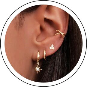 Boho Crystal Northstar Drop Earrings Gold Rhinestone Northstar Hoop Earrings Gold Cartilage Cuff Earring Bling Cz Star Dangle Earrings Set Jewelry for Women and Girl