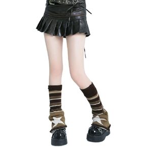 Harajuku Leg Warmers Y2k Two Side Wear Kawaii Lolita Socks Star Knitted Striped Goth Leg Warmers Streetwear