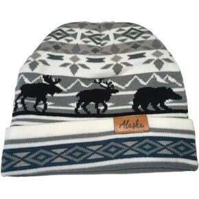 Alaska Beanie Knit Hat Jaquard Animals Moose Caribou Bear Black