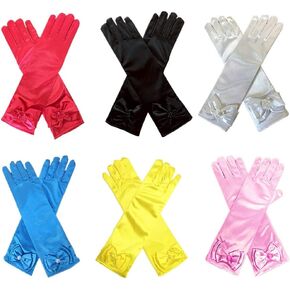 6 Pairs Kids Stretch Satin Long Finger Pearl Bow Dress Gloves Girls Children Gloves