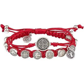 Red St Benedict Bracelet with Silver Toned Medals on Adjustable Double Strand Macrame Jewelry Accessory, 8 Inch