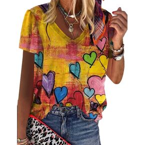 Cute Heart Graphics T-Shirt Women Valentine's Day Shirt Colorful Dye Love Printed V-Neck Short Sleeves Retro Tee Top