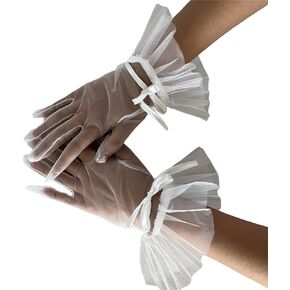 Women's Ruffled Bowknot Tea Party Mesh Gloves Wrist Short Tulle Gloves for Wedding