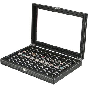 Julysky Ring Jewelry Organizer Box, 100 Slots Rings Display Storage Case ring Showcase - Black Velvet Jewelry Stand Holder Tray with Transparent Glass Lid (100 Slot,carbon fiber，black line)