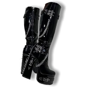 Frankie Hsu Goth Sexy Chunky Platform Knee High Heeled Boots, Black Patent Silver Chain Rivets Gothic, Punk Y2K Hot Girl Big Large Size Wide Calf Long Shoes For Women Men