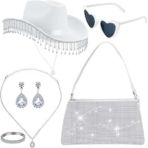 إكسسوارات أزياء رعاة البقر Breathffy للنساء والفتيات تتضمن قبعة رعاة البقر من حجر الراين على شكل قلب ونظارة شمسية بمقبض وحقيبة مجموعة مجوهرات لحفلات الزفاف in Kuwait