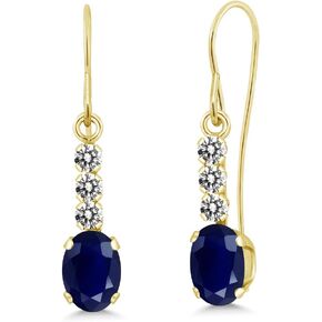 Gem Stone King 10K Yellow Gold Blue Sapphire and White Diamond Drop Dangle Earrings For Women (1.30 Cttw, Gemstone September Birthstone, Oval 6X4MM)