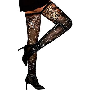 LUCKELF Women's Thigh High Stockings Sparkle Rhinestone Fishnets Sexy Mesh Tights Lace Pantyhose