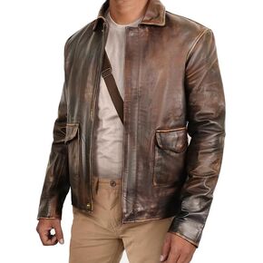 Mens Raider Of The Lost Ark Distressed Brown Leather Bomber Jacket Harrison American Vintage Genuiine Leather Coat