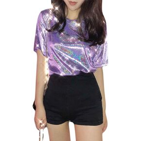ANKOMINA Women Teen Girls Shiny Glitter Metallic T Shirt Tank Tops Holographic Rave Festival Party Blouse