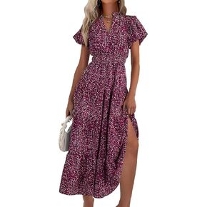 MASCOMODA Summer Maxi Dress for Women 2024 Casual V Neck Puff Short Sleeve Smocked Ruffle Flowy Beach Boho Long Floral Dress