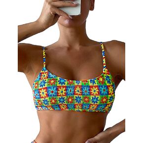 WDIRARA Women's Floral Print Smocked Swim Tops Wireless Spaghetti Strap Bikini Top Padded Bathing Suit Top