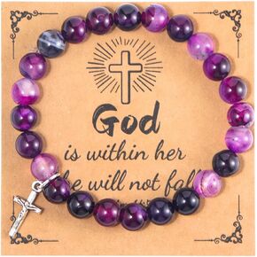 Christian Gifts for Women Men, Healing Natural Stone Cross Beads Stretch Bracelet Religious Catholic Gifts Pink Zebra Bracelet for Women Men Teen Girls, Birthday Gifts,Easter Jewelry Gifts