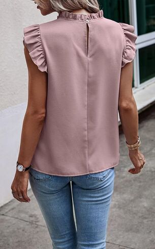 Angashion Womens Shirts 2024 Summer Casual Dressy Solid Color Ruffle Neck Tunic Tops Blouse T Shirt in Saudi Arabia
