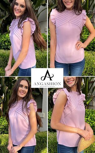 Angashion Womens Shirts 2024 Summer Casual Dressy Solid Color Ruffle Neck Tunic Tops Blouse T Shirt in Saudi Arabia