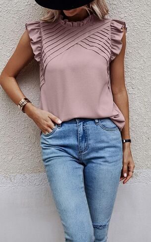 Angashion Womens Shirts 2024 Summer Casual Dressy Solid Color Ruffle Neck Tunic Tops Blouse T Shirt in Saudi Arabia