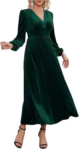 S. Adriana Women's Velvet Maxi Dress Elegant V Neck Lace Trim Smocked Waist Formal Wedding Guest Dresses with Pockets in Saudi Arabia
