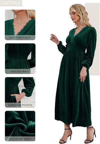 S. Adriana Women's Velvet Maxi Dress Elegant V Neck Lace Trim Smocked Waist Formal Wedding Guest Dresses with Pockets in Saudi Arabia