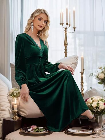 S. Adriana Women's Velvet Maxi Dress Elegant V Neck Lace Trim Smocked Waist Formal Wedding Guest Dresses with Pockets in Saudi Arabia