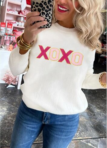 SELINK Women's Valentines Sweater Crew Neck XOXO Heart Print Casual Long Sleeve Pullover Tops Sweaters in Saudi Arabia