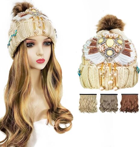 Pearl Wing Beanie Wig Hats for Women Pom with Hair Extensions Wavy Soft Attached 18",Cute Beanies with Designs in Saudi Arabia